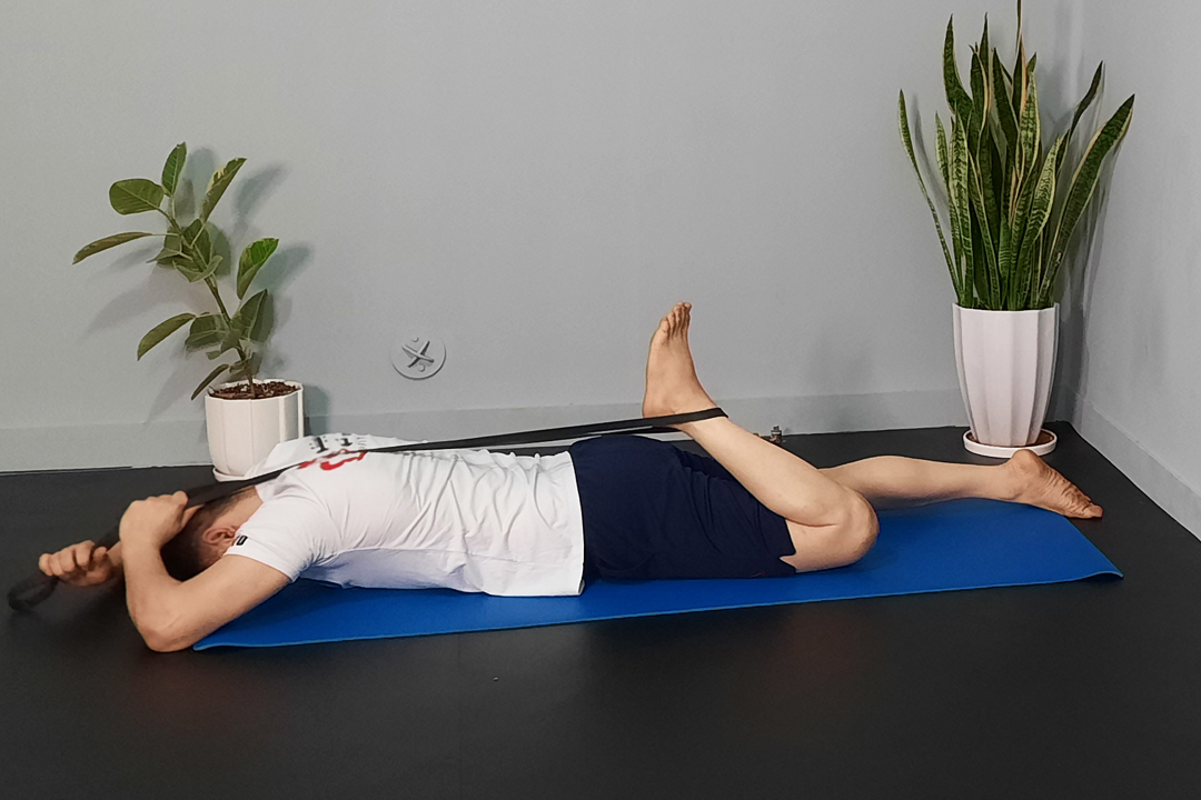 کشش چهارسر تک با پاوربند دمر خوابیده